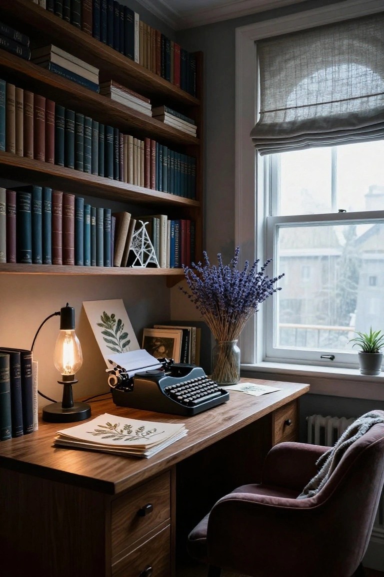 Wooden bookshelves filled with books line the walls of a cozy study with a oak desk holding a black vintage typewriter, desk lamp, papers, and plants, plus a vase of lavender next to a window with linen shade.