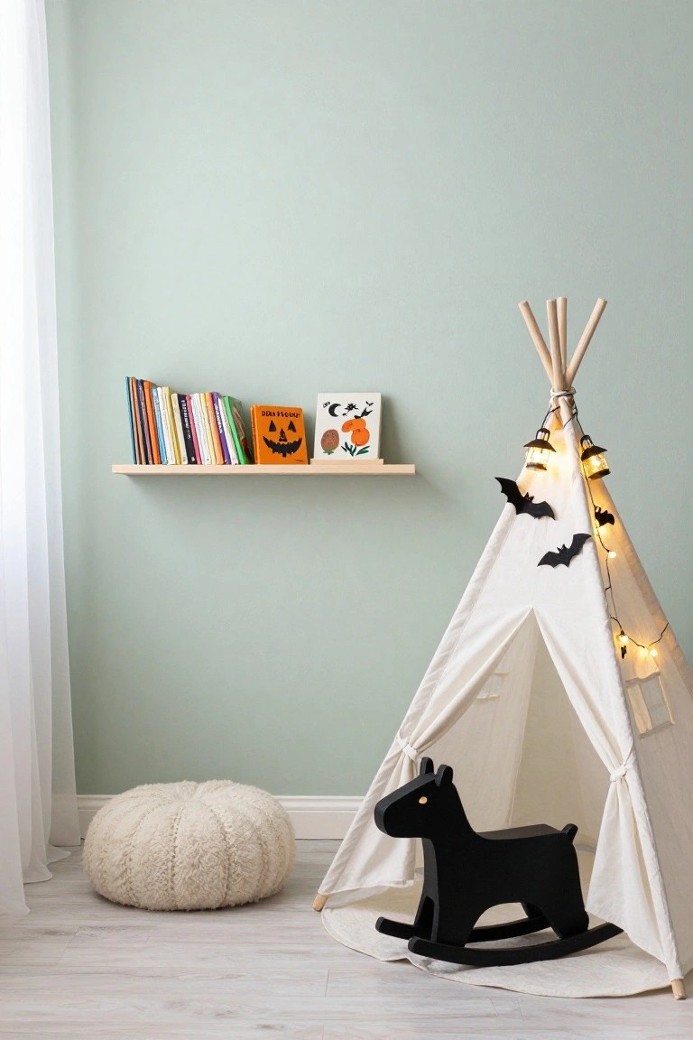 Mint green children's bedroom with white teepee tent decorated with black bats and yellow string lights, black wooden rocking horse inside tent, shelf of colorful children's books including Halloween pumpkin titles, and white fluffy pouf stool on light wood floor.