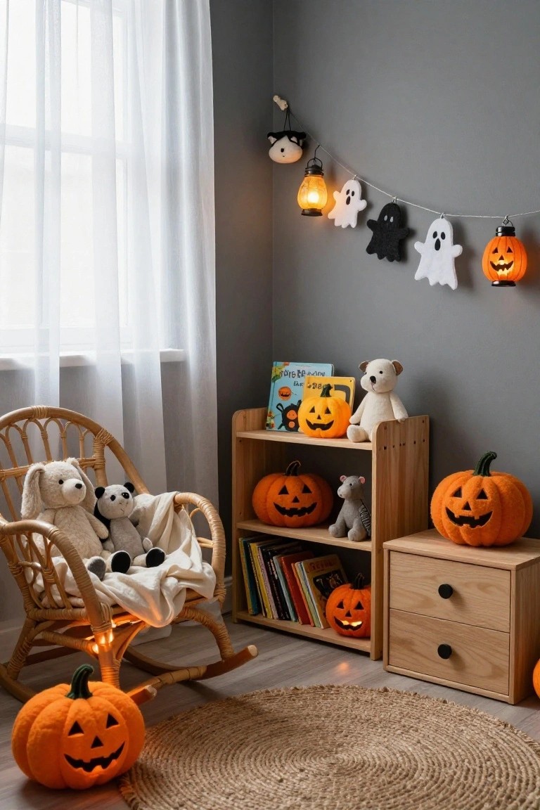 Gray nursery room with rattan rocking chair holding plush bunny and panda animals under a white blanket, surrounded by stuffed pumpkins, bookshelves with toys and books, and a wall garland of white and black ghost shapes with hanging lanterns.