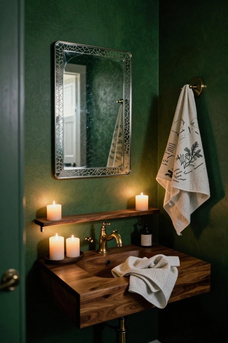 Small powder room with emerald green textured walls, spiderweb-framed mirror above a floating wooden sink with brass faucet, candles on wooden shelves, white towels hanging on brass hook, and wooden door.