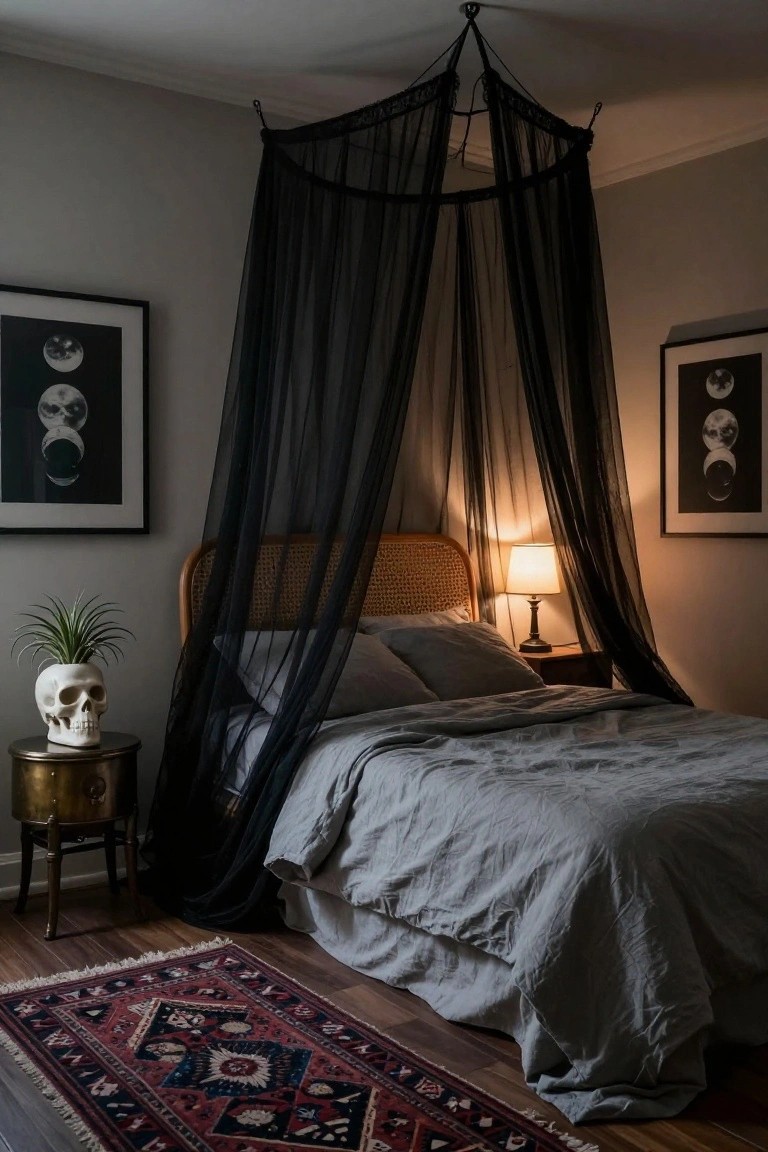 Bedroom with rattan bed under black sheer canopy, gray bedding, moon phase artwork on walls, skull vase holding plant on brass table beside lamp, and red patterned rug on wood floor.