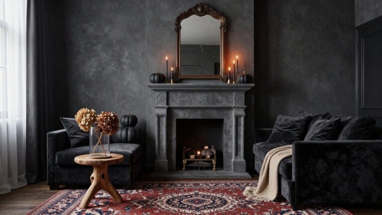 Dark gray living room with ornate gold mirror and black pumpkins on a stone fireplace mantel, velvet sofa with pillows and throw blanket, wooden coffee table under glass dome with dried flowers, candles, Persian rug, and window with white curtains.