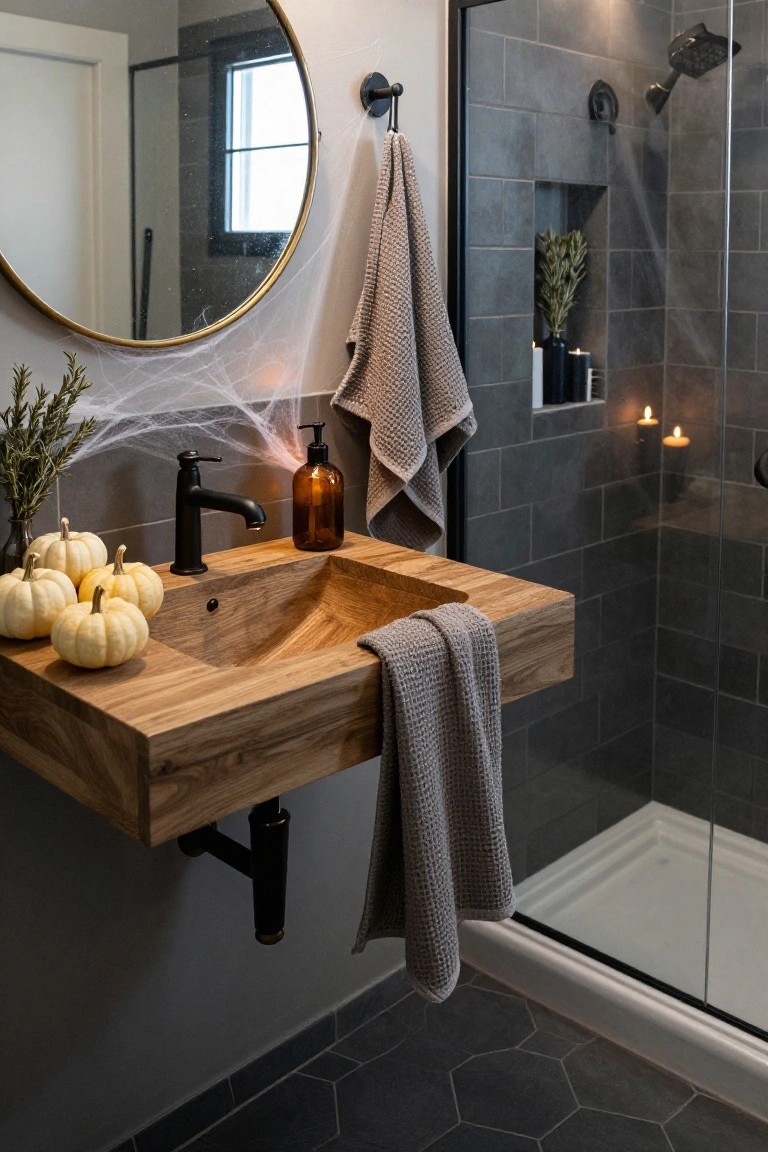 A modern bathroom with a floating wooden sink vanity holding small white pumpkins, faux spider webs draped over a gold round mirror, gray towels hanging nearby, potted herbs and succulents, and a dark-tiled walk-in shower with candles.