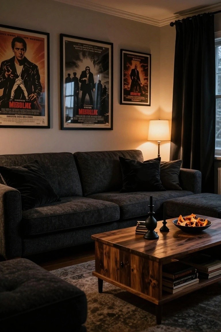 A dimly lit living room featuring a dark gray L-shaped sofa, wooden coffee table with books and candles, black velvet pillows, and three framed horror movie posters on a beige wall next to a lamp and black curtains.