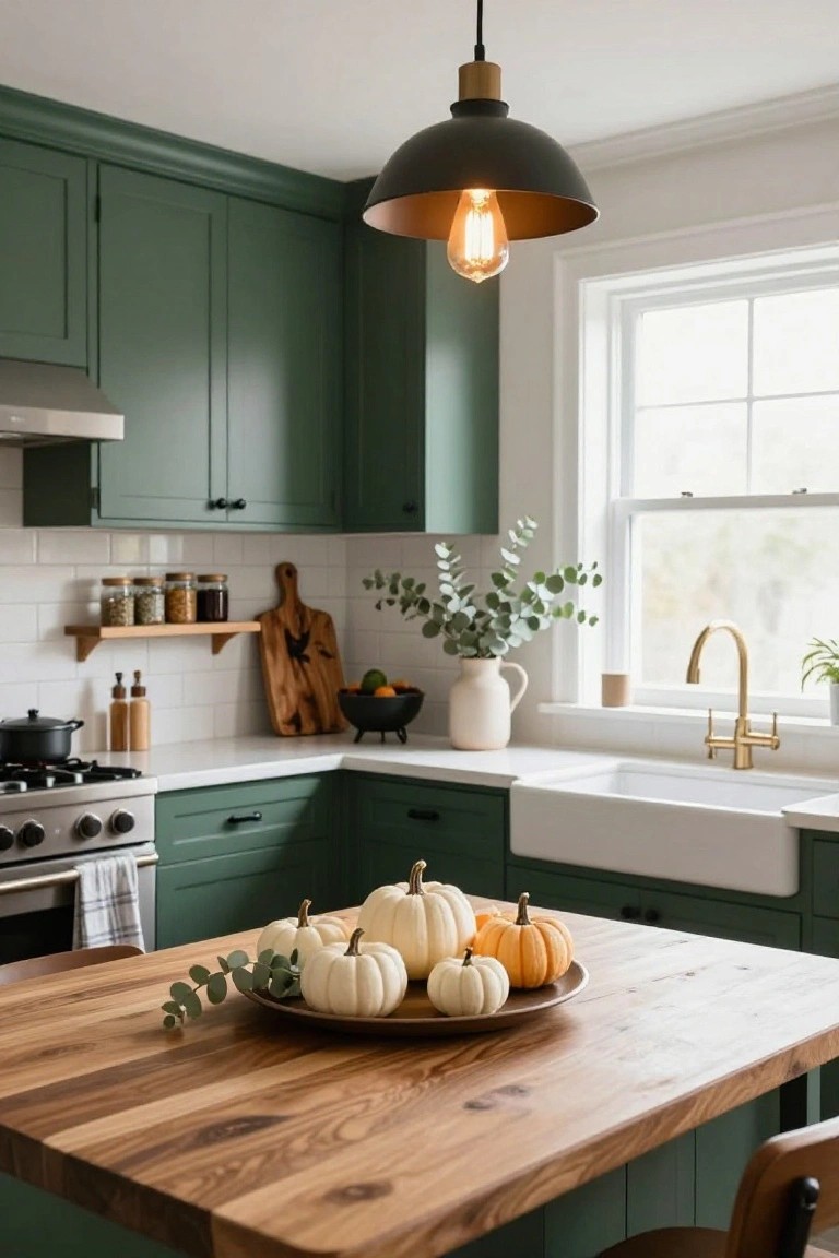 Kitchen interior featuring green cabinets, white subway tile backsplash, farmhouse sink with gold faucet, wooden island table holding white and orange pumpkins on a platter with eucalyptus, and a black pendant light overhead.