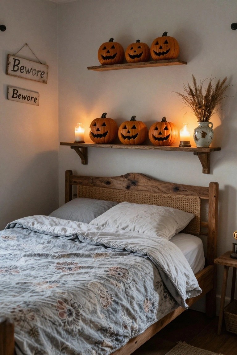 Cozy bedroom with rattan headboard on wooden bed frame, gray floral duvet, rustic wooden shelves above holding lit jack-o-lantern pumpkins, candles, pampas grass, and a white vase, plus 
