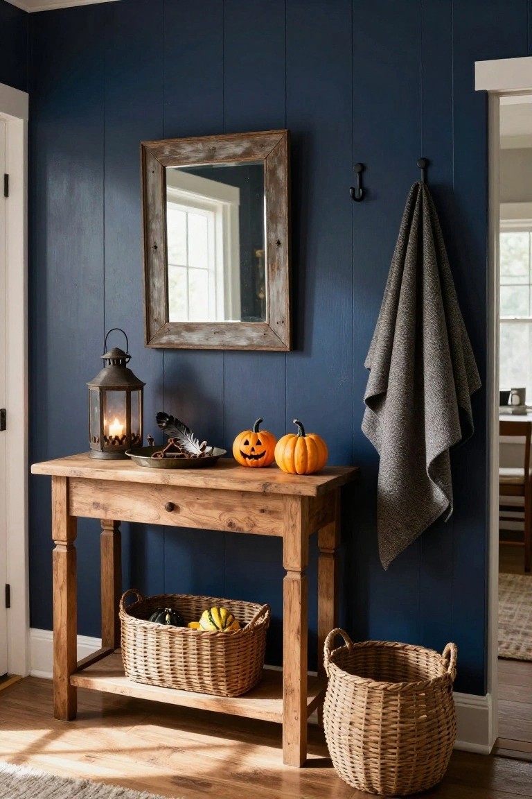 Rustic wooden console table against navy shiplap wall in entryway holds orange pumpkins, lit metal lantern, feathers, and trinkets on top with woven baskets of gourds underneath, gray towel hangs nearby, distressed mirror above.