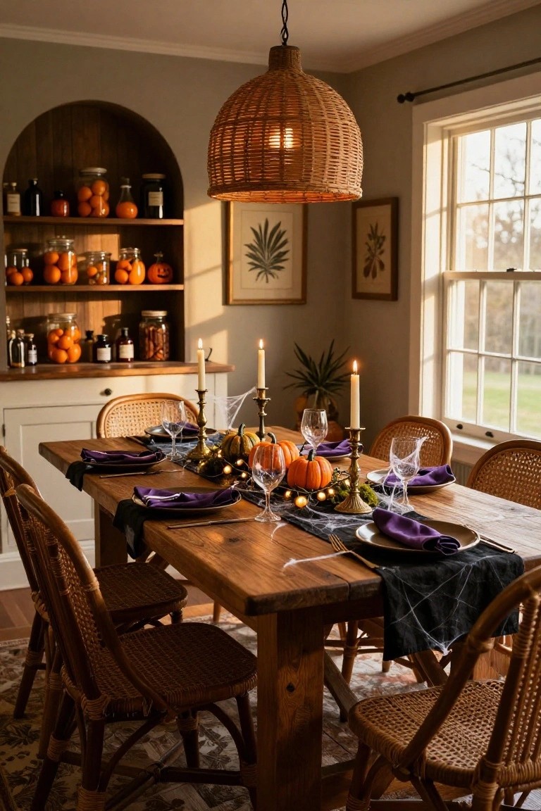 A wooden dining table set for Halloween with purple napkins, black cobweb runner, mini pumpkins, candelabras, wine glasses, and rattan chairs in a warmly lit room with arched wooden shelving.