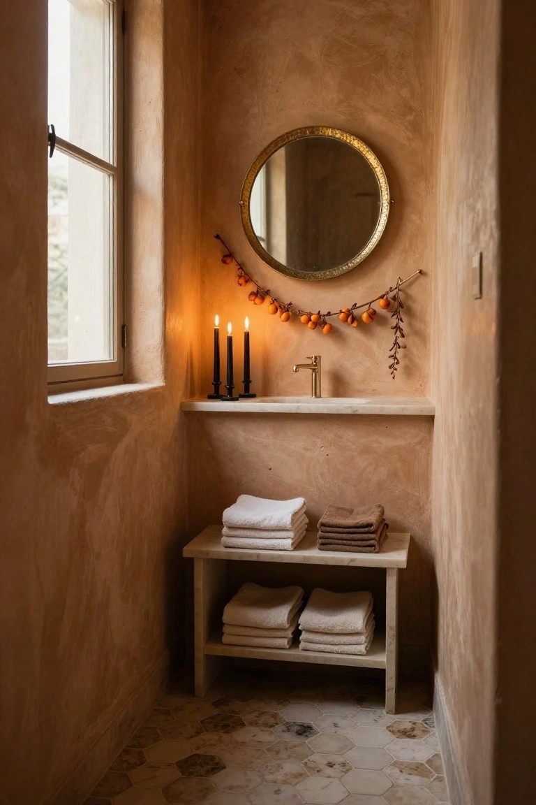 Terracotta-walled narrow bathroom with round gold mirror decorated by orange berry garland and black candles on shelf above sink, white and beige towels stacked on wooden stool below, hexagonal tile floor.