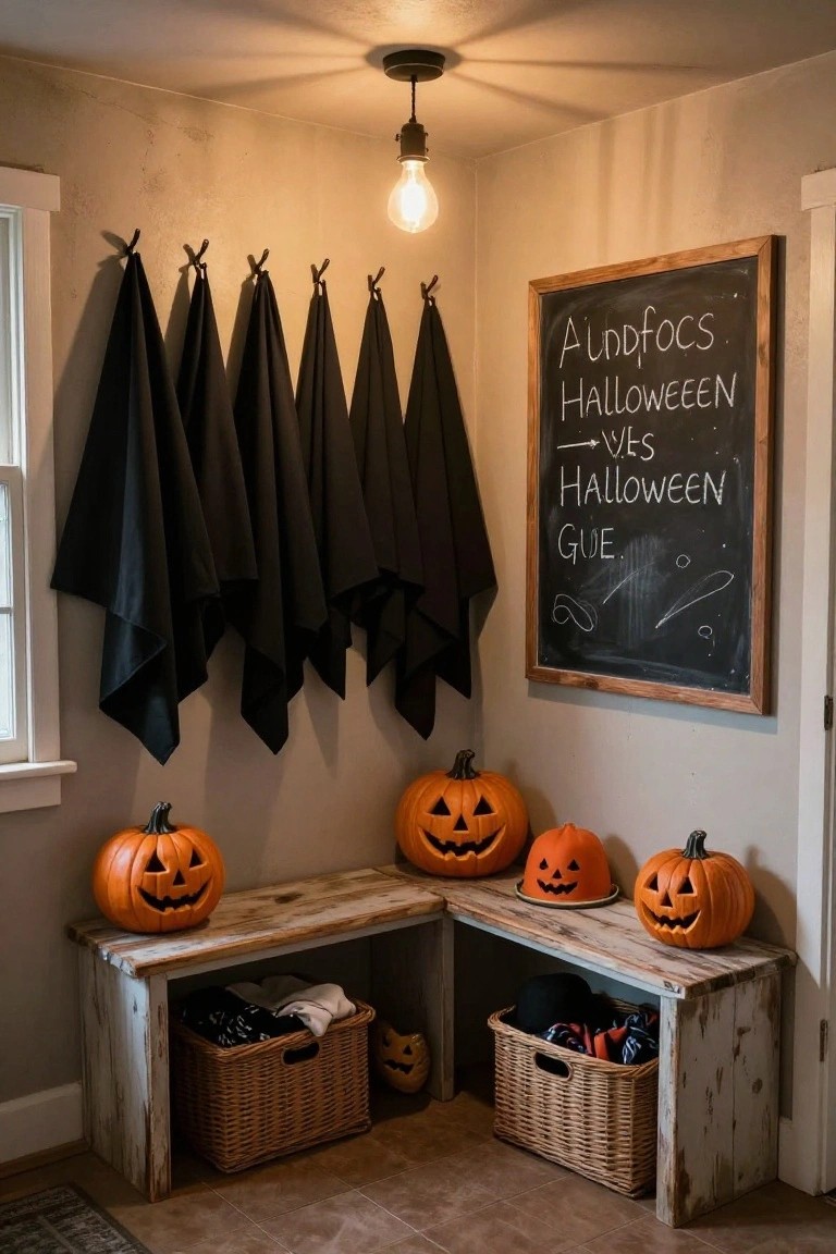 Indoor entryway corner with rustic wooden bench holding wicker baskets of clothes and hats, clustered orange jack-o-lantern pumpkins, multiple black cloths draped from wall hooks like capes, a chalkboard sign reading Halloween messages, and a hanging lit bulb.