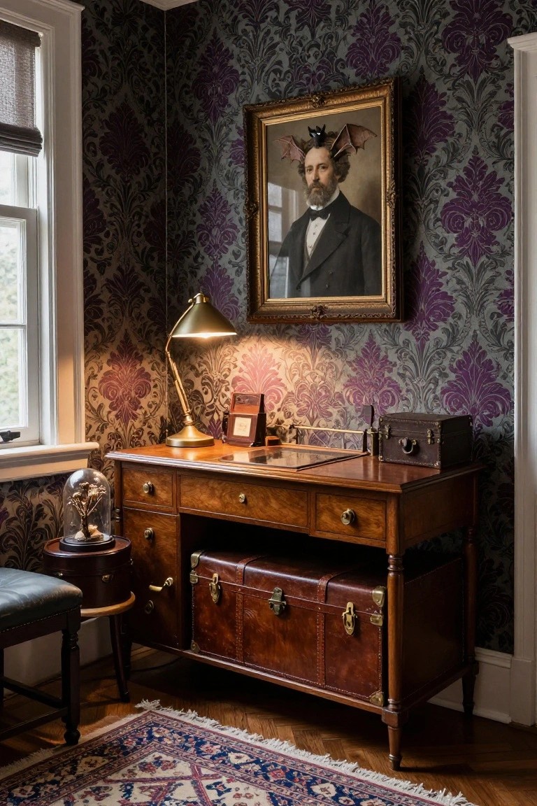 Corner of an interior room featuring purple damask wallpaper, a wooden desk with drawers and leather trunks underneath, a brass desk lamp, small boxes and a glass dome on the desk, and a gold-framed portrait of a bearded man in formal attire with added black bat wings and horns on his head.