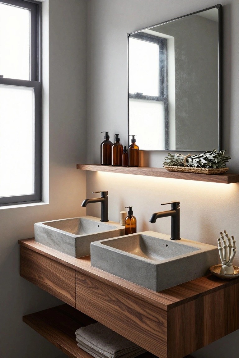Modern bathroom featuring two floating concrete sinks on a wooden vanity with black faucets, amber glass bottles, a sage bundle on a wooden shelf above, and small white skeleton hand and skull placed as decor on the vanity.