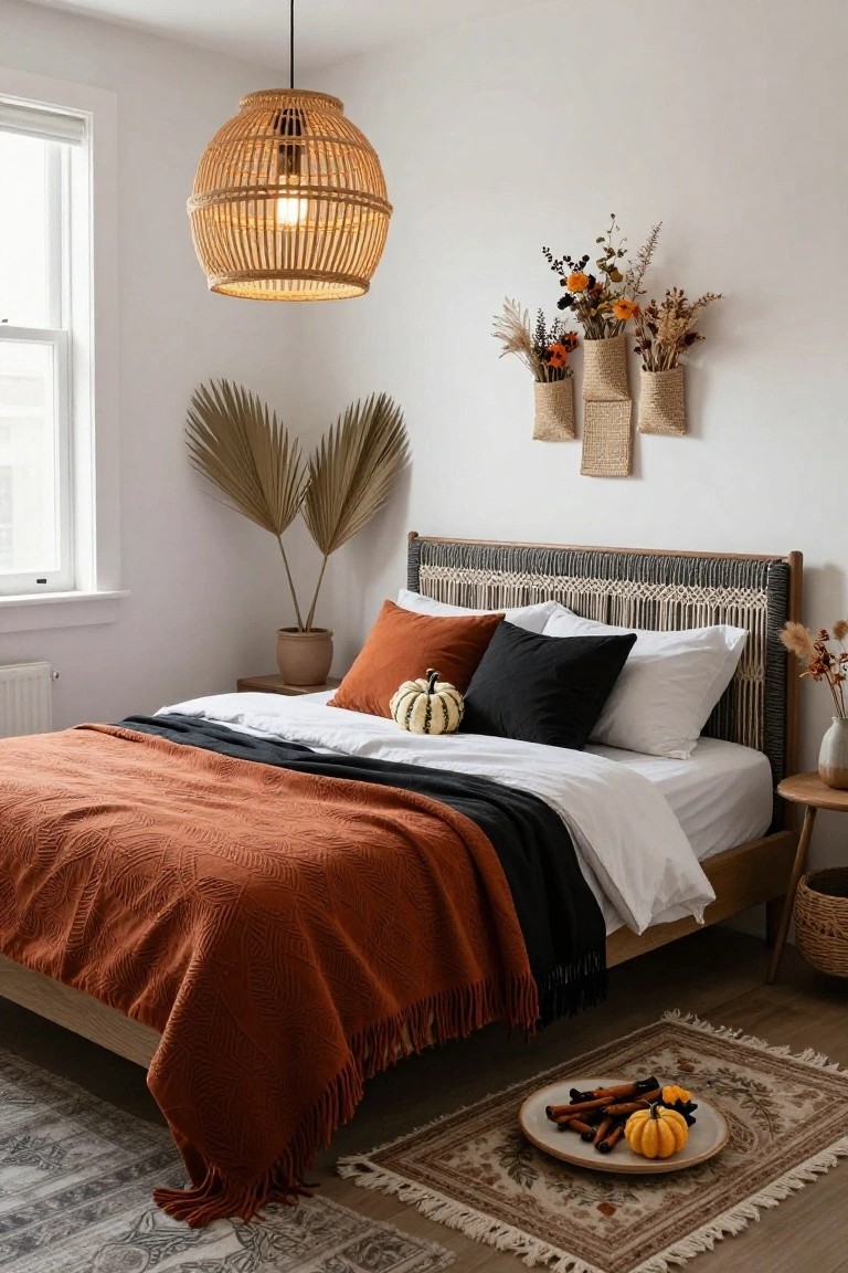 Cozy bedroom with rattan pendant light, macrame-upholstered wooden headboard and bed frame, white duvet under rust quilt and black throw, orange pumpkin-embroidered pillow and other pillows, potted palms, hanging dried pampas and flowers in basket planters, bedside table with vase, and floor rug holding plate with cinnamon sticks and small pumpkin.