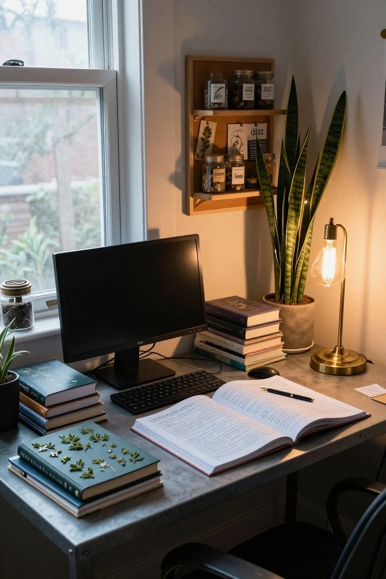Wooden wall shelf above a metal desk holding jars labeled with herbs and seeds, next to a snake plant in a pot and brass lamp, with a computer monitor, keyboard, stacks of books, and open notebook on the desk in a room with window and plants.