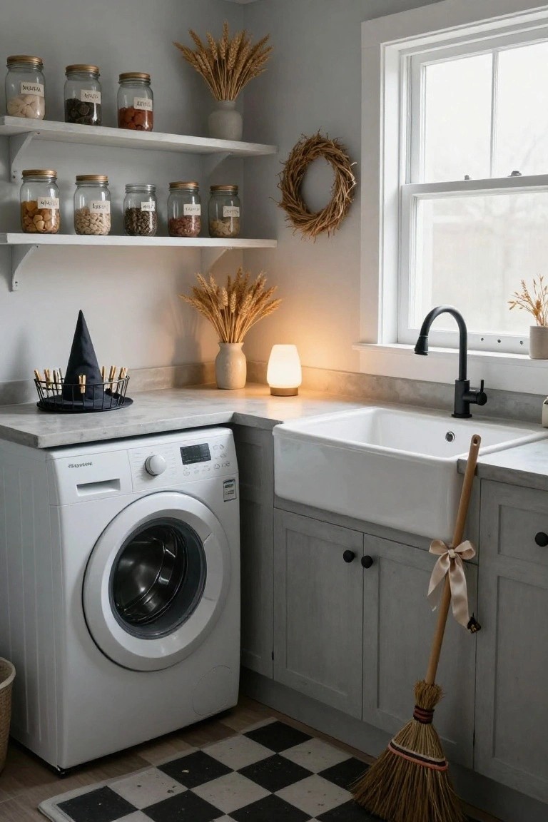 Gray laundry room with white front-loading washer, white farmhouse sink, black faucet, open shelves holding glass jars of dry goods, black witch hat on counter holding breadsticks, corn broom leaning on gray cabinets, wheat bundles, and black-and-white checkered floor.