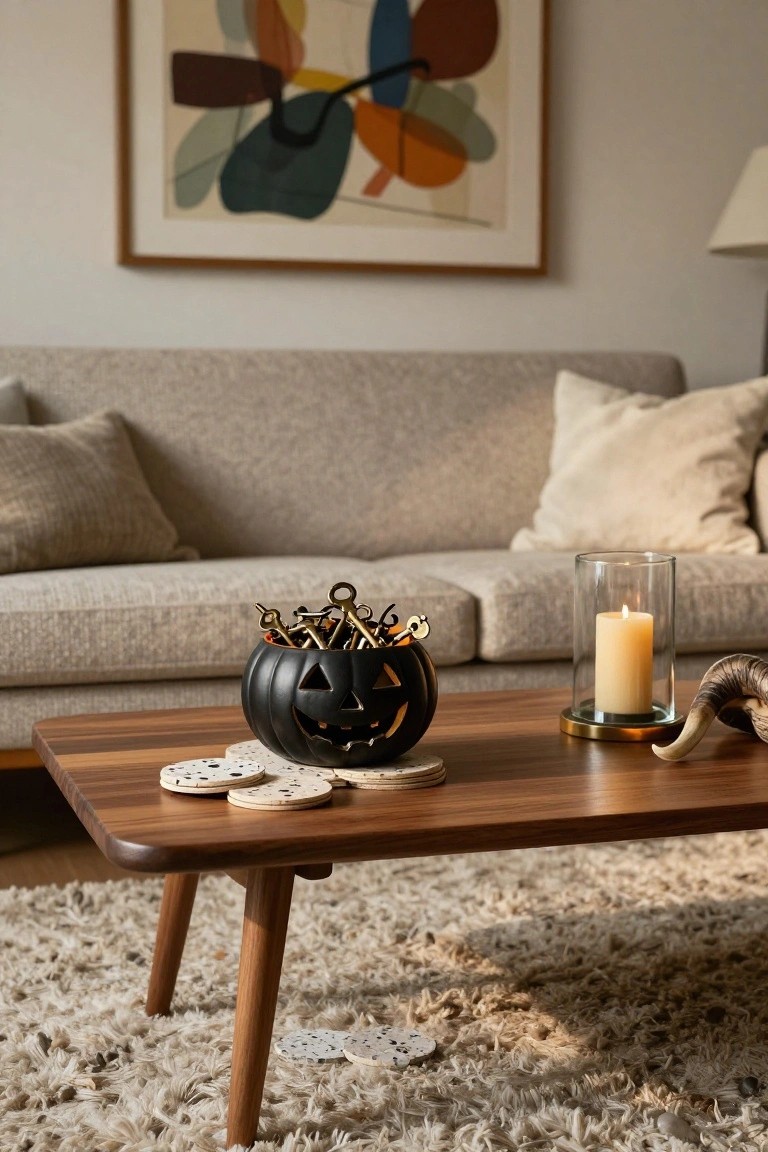 Narrow metal console table with black marble top in a dark blue hallway holds a tray of black apples, amber glass bottles, a burning candle in glass, books, and black lace cloth, with black-framed artwork and dried flowers on the wall.