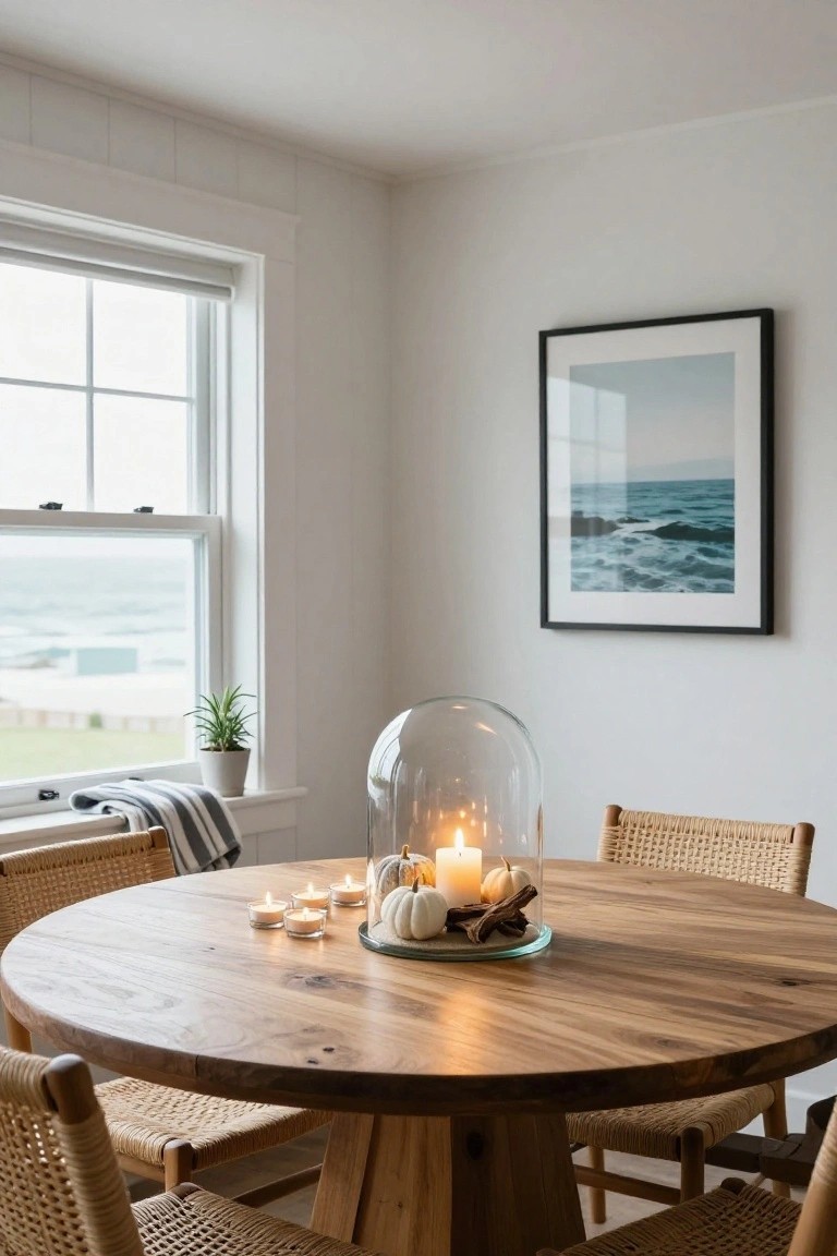 Dining table topped with a green ceramic vase of black branches, wooden board of dried figs, black candles, and stacked colorful plates, in a beige room with rattan pendant light and cane chairs.
