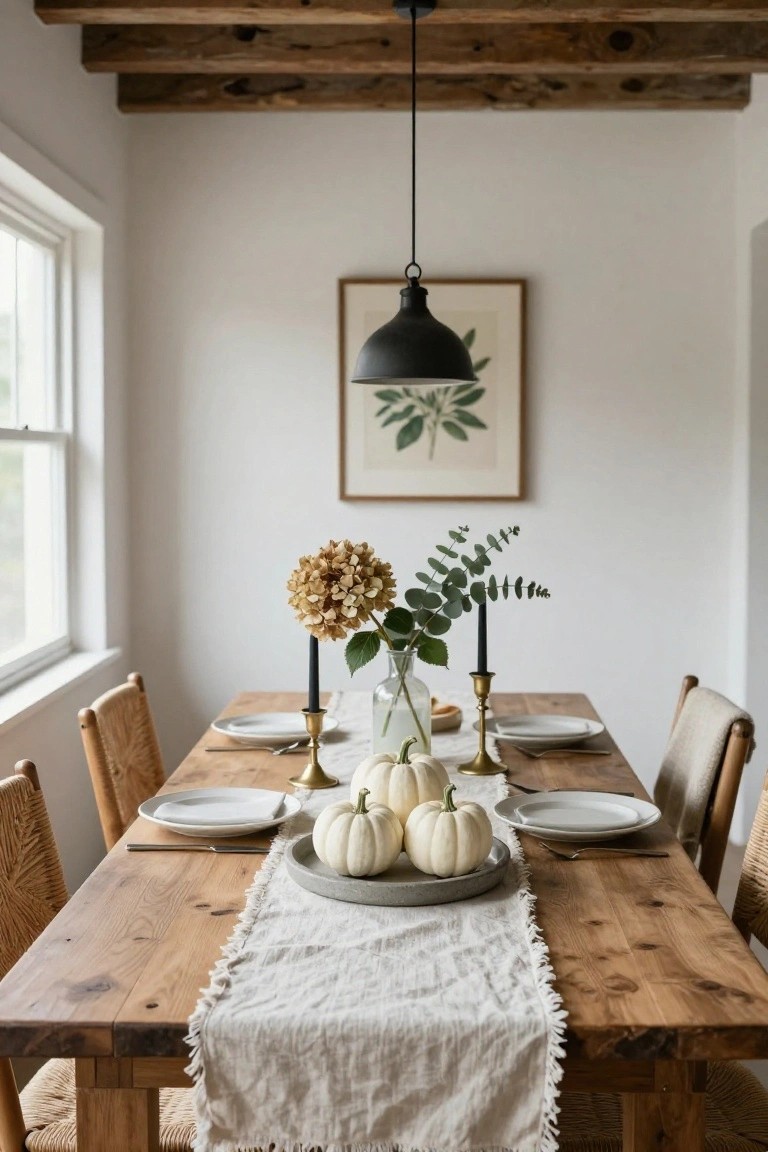 Wooden dining table with beige linen runner, central black pumpkin, glass bowl of dried eucalyptus and orange hydrangeas, black taper candles in gold holders, black plates, gold flatware, and additional candles in a room with window views.