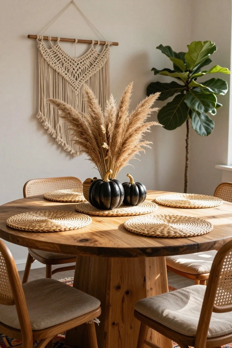 Wooden dining table in a kitchen with black-and-white checkered runner, assorted orange pumpkins, rosemary sprigs, white bowls, wooden chairs, hanging pots on wall, and galvanized bucket of rosemary with dried orange slices.