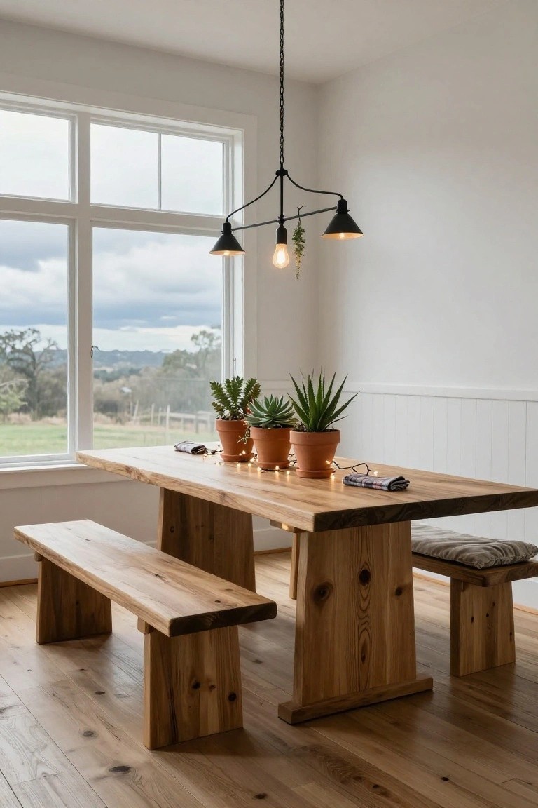 Modern dining table with dark gray orchids and black palm fronds in a textured gray pot as centerpiece, black taper candles in gold holders, black napkins and flatware, dark wood surface, beige walls, abstract painting, and window above.