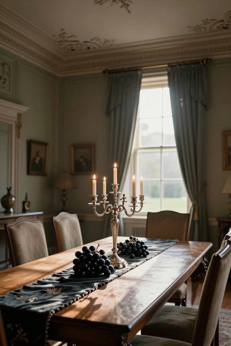 A wooden dining table set with a silver pedestal bowl filled with black grapes and black dahlias as centerpiece, crystal glasses, black napkins, and place settings.