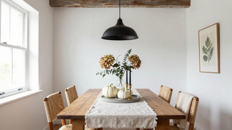 Wooden dining table with beige linen runner, central black pumpkin, glass bowl of dried eucalyptus and orange hydrangeas, black taper candles in gold holders, black plates, gold flatware, and additional candles in a room with window views.