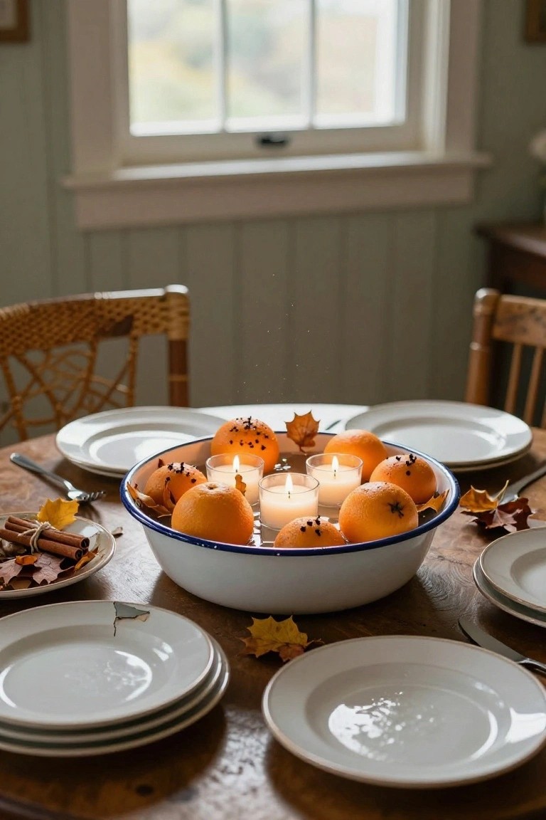 Stone bowl on a wooden dining table holding black roses, black berries, acorns, and glass tea lights with amber flames, next to leather chairs, a gold bar cart, and black window shades in a light room.
