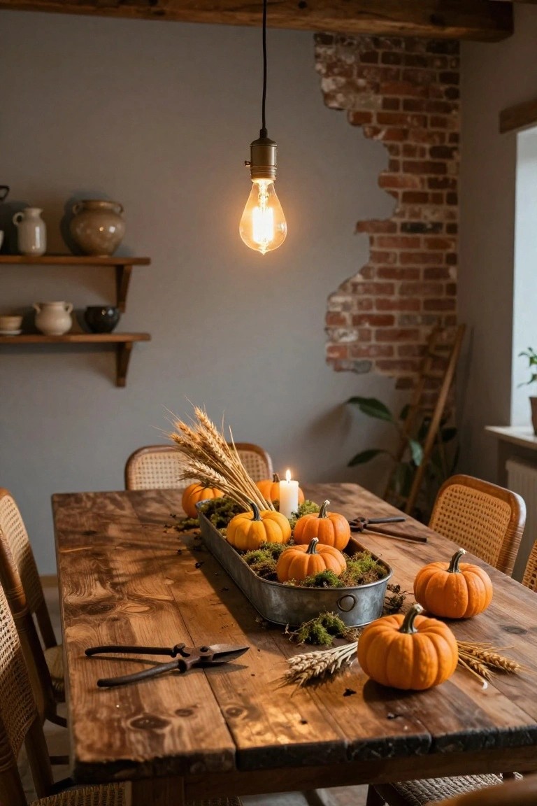 Wooden round dining table with central terracotta bowl of assorted pumpkins surrounded by tall dried pampas grass and palm fronds, amber glass tumblers, gold plates, white dishes, fringed table runner, and wooden chairs.