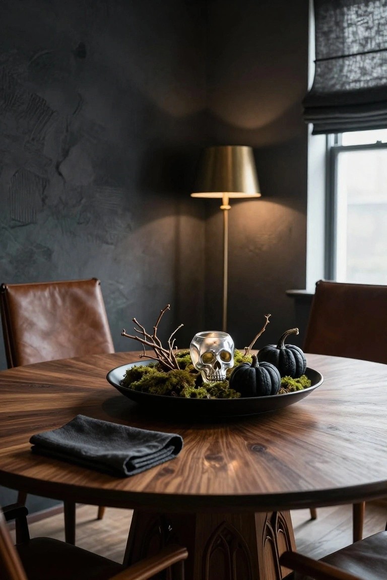 Wooden kitchen table holding a centerpiece of small white and orange pumpkins, wheat stalks in a glass jar, three white pillar candles on a copper tray, cinnamon sticks in a bowl, and black peppercorns, with a seagrass runner and linen napkin, in a light kitchen with shelves and stools.
