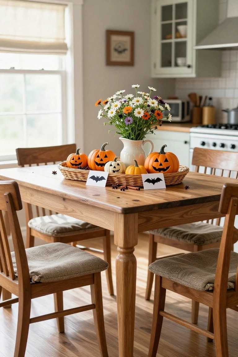Long wooden dining table in industrial brick room with black runner, moss boxes, branches, multiple candles on candelabras, and slate board with cheese, figs, nuts, and persimmons.