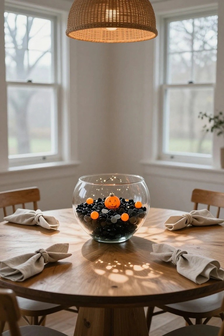 Log cabin dining area with wooden walls and benches around a table holding tall pampas grass in glass bottles, a candle on a wood slice, plaid napkins, black plates, and hanging lanterns.