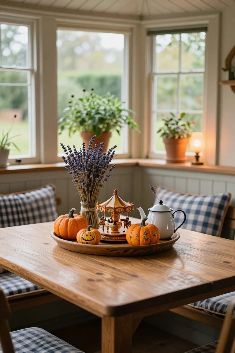 Wooden bowl filled with assorted orange, white, and small pumpkins on a wooden dining table in a kitchen, with ivy vines, bay leaves, and a copper bowl of hazelnuts nearby.