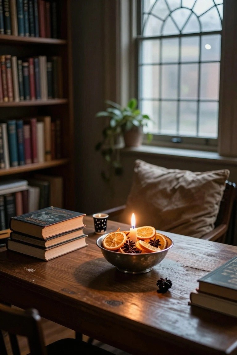 Wooden side table with stacked antique leather books topped by a moss-filled white skull, a lit tea light candle on a slate coaster, brass desk lamp, bookshelves, and armchair in a dimly lit room.