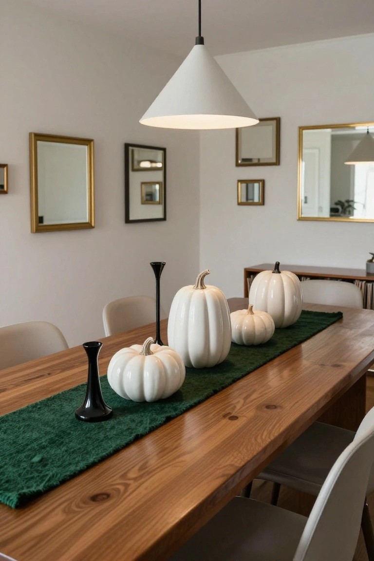 Wooden kitchen counter with three white and gray ceramic pumpkins, eucalyptus leaves, white bowl of orange round treats, sink, bar stools, open wood shelves with glasses above, and window view.