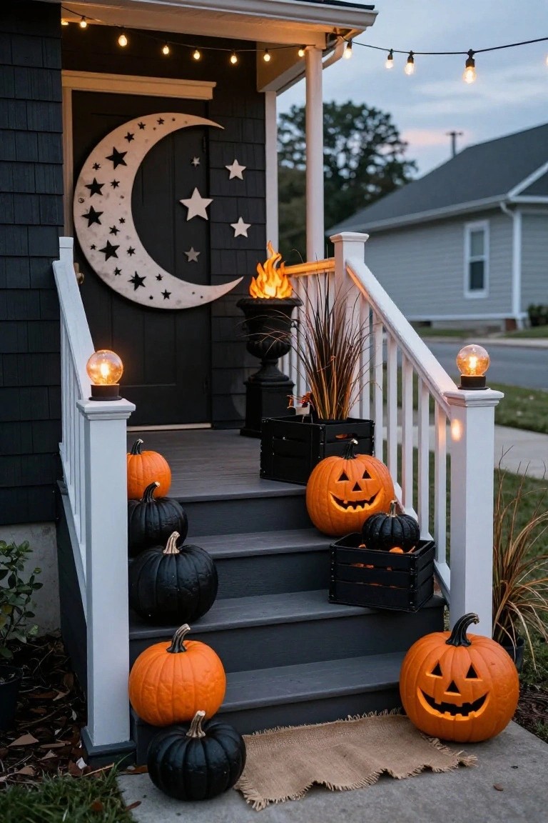 Stone house front entrance with arched black door framed by black floral garlands and wreath, flanked by topiary trees, orange carved pumpkins on steps and wooden bench with black pillows, black lanterns with candles, and potted grasses.