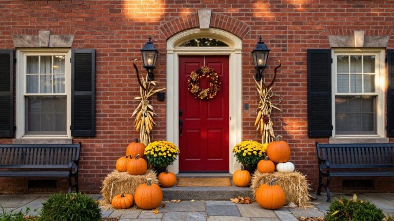 Front porch of a light gray house decorated for Halloween with orange and white pumpkins clustered on steps and wicker bench, beige pillows and striped throw on bench, lit lanterns on posts, lit wreath on wood door, and chalkboard sign propped nearby.