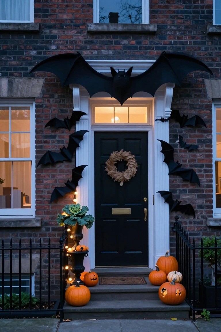 Modern house exterior porch with beige stone wall featuring large illuminated full moon light fixture next to glass door, black wire bench with brown throw, white pumpkins, potted grasses on concrete landing amid fall leaves and gravel path.
