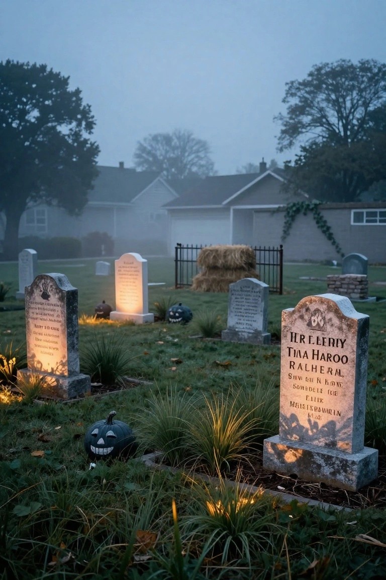 White house with green front door and stone steps decorated for Halloween with lit pumpkins, lanterns, potted purple heather, a white ghost figure, and black wreath on the door at dusk.