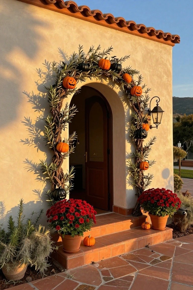 Gravel pathway decorated for Halloween with faux gravestones, white and green pumpkins, moss-covered lanterns, bundled tall reeds and birch poles, a wooden bench with a fur throw, string lights on hedges, and houses in the background.