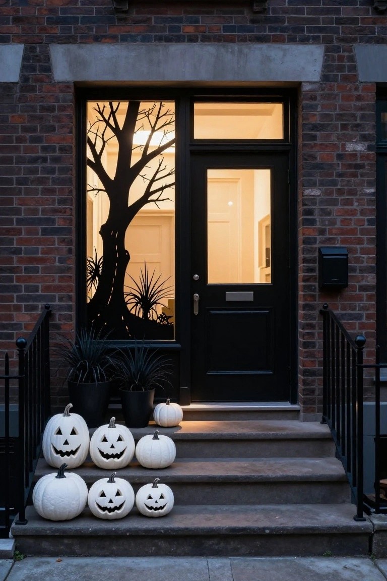 Stone Tudor-style house with dark timber accents and lit windows, fronted by a cobblestone pathway lined with carved pumpkins, cornstalks, lanterns, and faux tombstones in hedges.