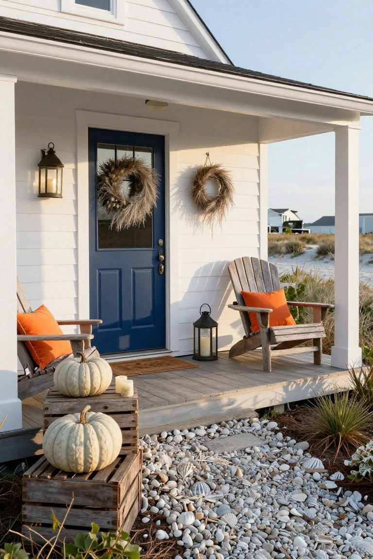 A two-story house with a covered front porch decorated for Halloween, featuring white sheet ghosts hanging from posts and railings, multiple carved and plain pumpkins on steps and bench, string lights, lanterns, cornstalks, and foam tombstones.