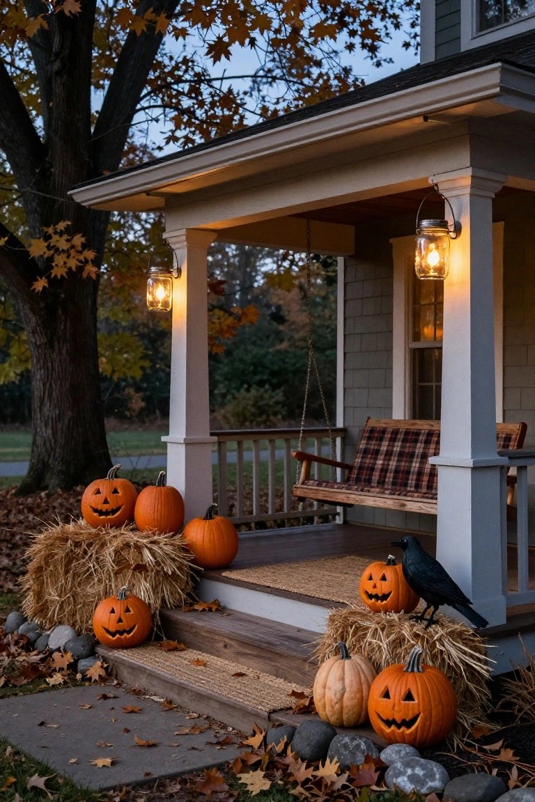 White farmhouse porch decorated for Halloween with stacked hay bales topped by carved jack-o-lanterns, cornstalks flanking the door, black-and-white pillows, potted plants, and lit wall lanterns at dusk.
