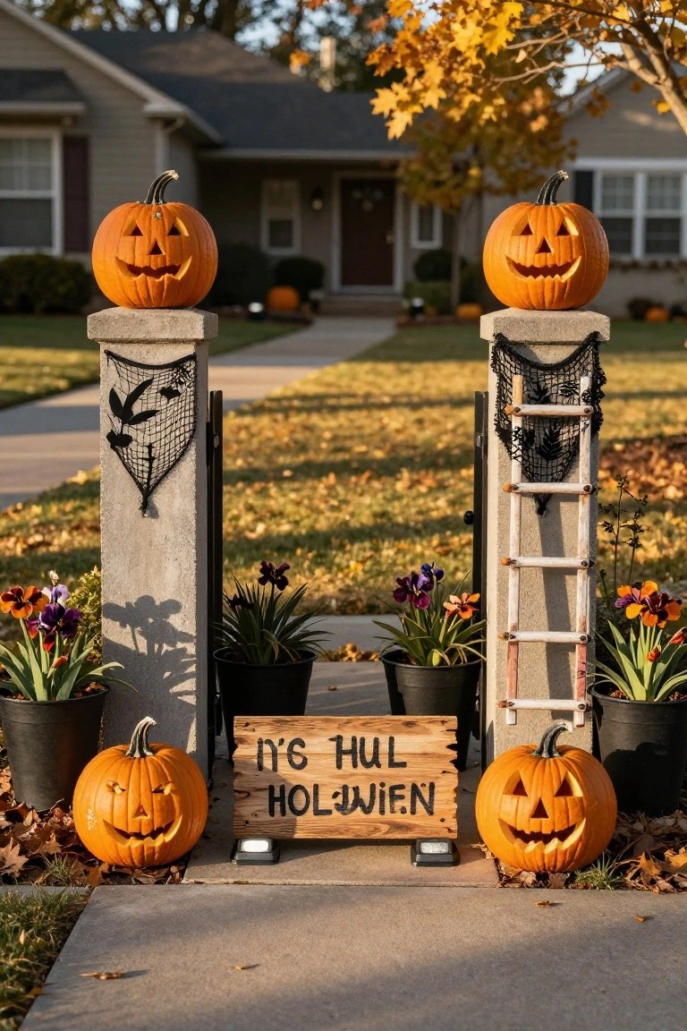 Brownstone house facade with red front door, four stacked carved jack-o-lanterns on black metal stoop railing, wooden broom leaning nearby, purple pansies in gray pot, gray blanket on steps, and lit street lamp at dusk.
