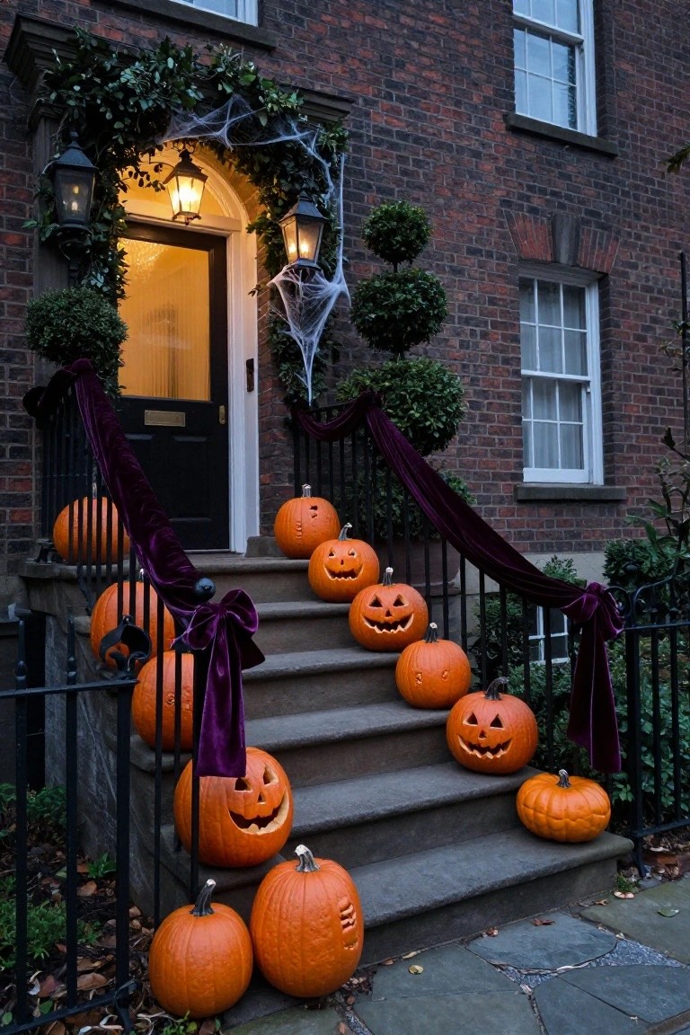 Dark blue house exterior at dusk with wooden front door, eucalyptus wreath, stacked hay bales topped with orange and black pumpkins, white lanterns, and pampas grass along a stone pathway.