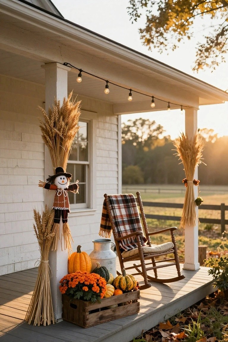 Beige stucco house exterior featuring an arched sage green door with evergreen wreath, olive tree in terracotta pot, potted flowers, and pumpkins in orange, white, pale green, and grey tones on steps and pots.