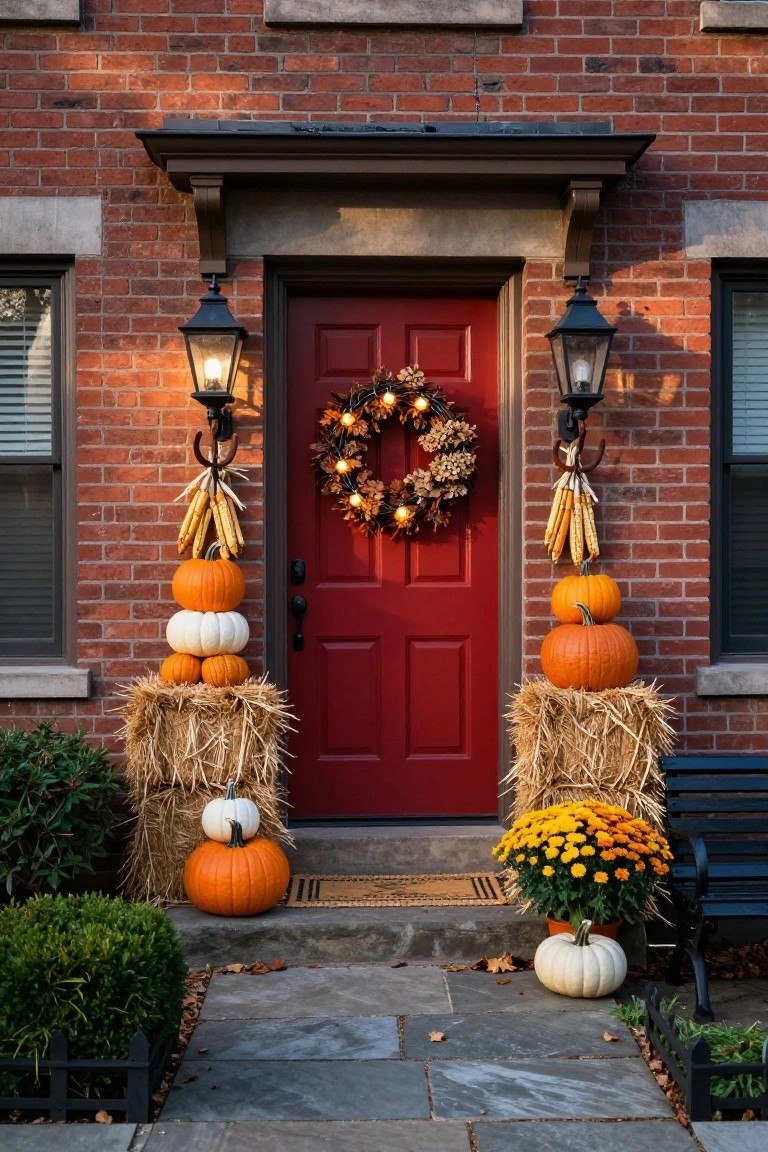 Front porch of a light gray house decorated for Halloween with orange and white pumpkins clustered on steps and wicker bench, beige pillows and striped throw on bench, lit lanterns on posts, lit wreath on wood door, and chalkboard sign propped nearby.