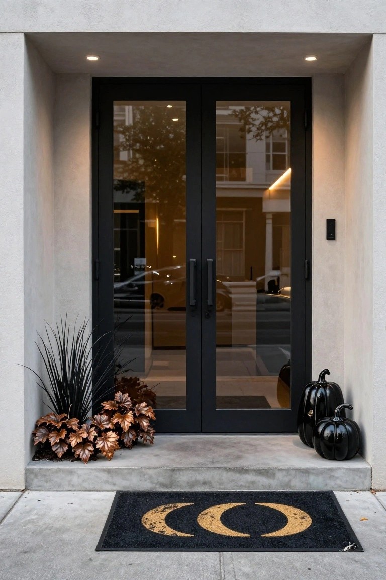 Adobe-style house exterior with terracotta walls, wooden bench holding assorted orange pumpkins, string lights overhead, potted succulents and terracotta pots, lantern by the arched door, and fall leaves on the tiled patio.