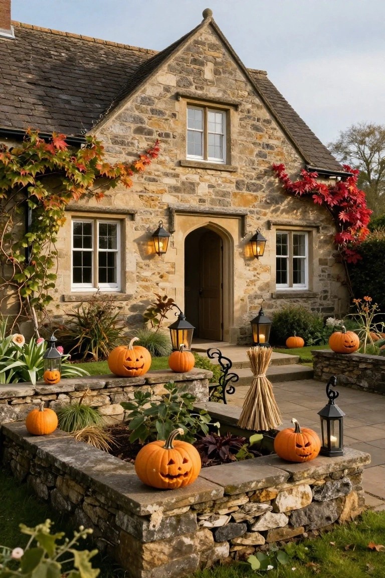 White clapboard house with black shutters and dark green front door on a porch, flanked by galvanized buckets of hydrangeas and pumpkins, bat garlands overhead, pumpkins in crates and on a sled along a stone path.