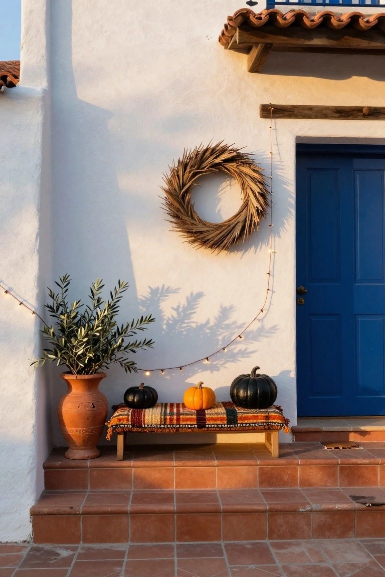 Gray shingled suburban house with porch string lights and garage at dusk, Halloween decorations including ghost cutouts on picket fence, hay bales, carved pumpkins, orange mums lining a grass pathway, and directional signs.
