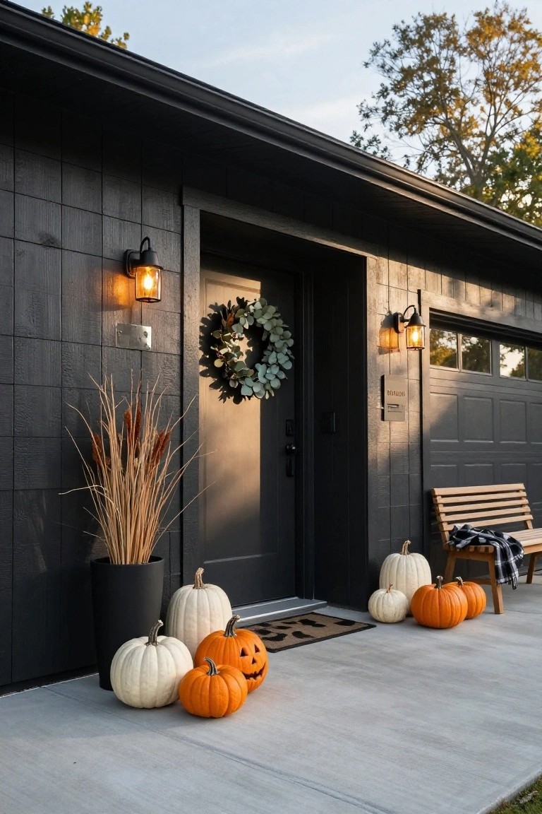 Brownstone house exterior decorated for Halloween with orange and black pumpkins of varying sizes on front stone steps, tall pampas grass flanking the black door, a skeleton hanging in the entry window, lanterns on the railing, and scattered fall leaves.